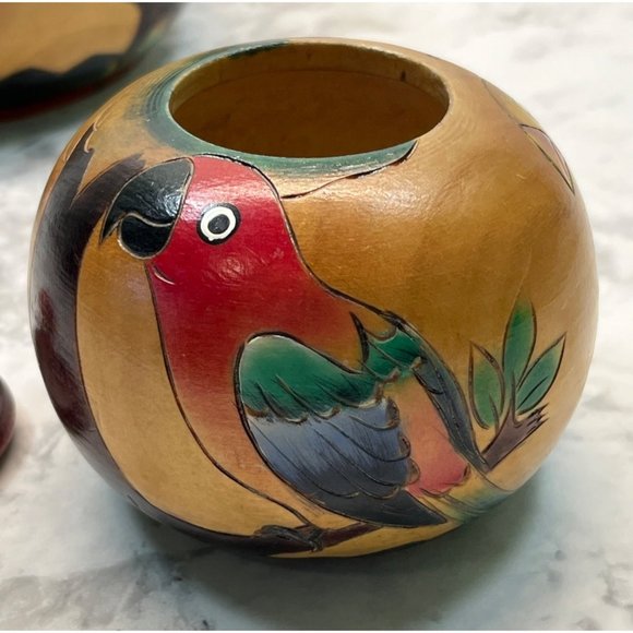 Tropical Birds Wooden Trinket Jar Box Set Toucan Parrots Lidded Vintage - Picture 4 of 12